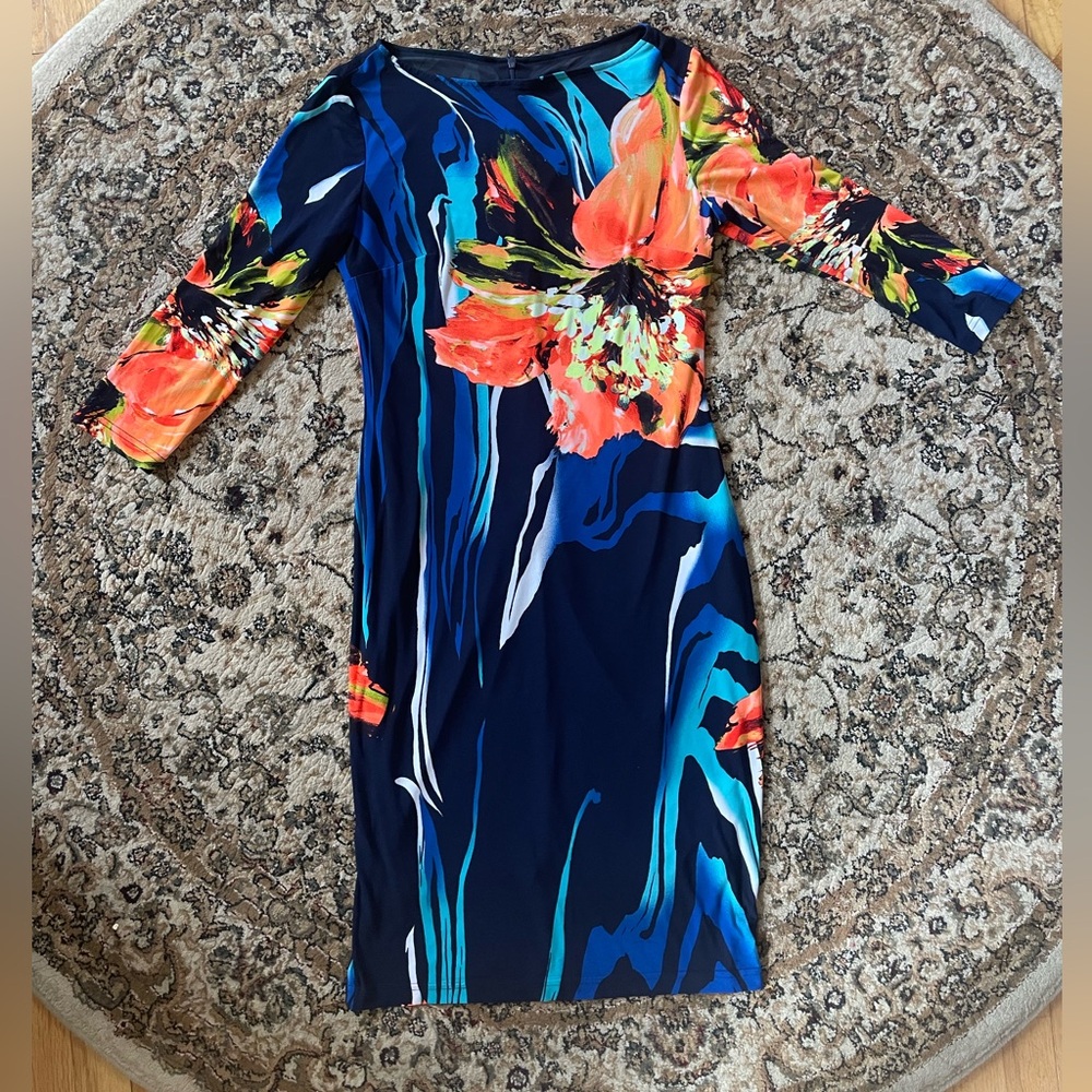 Women’s Navy Floral Sheath Dress - Orange & Blue